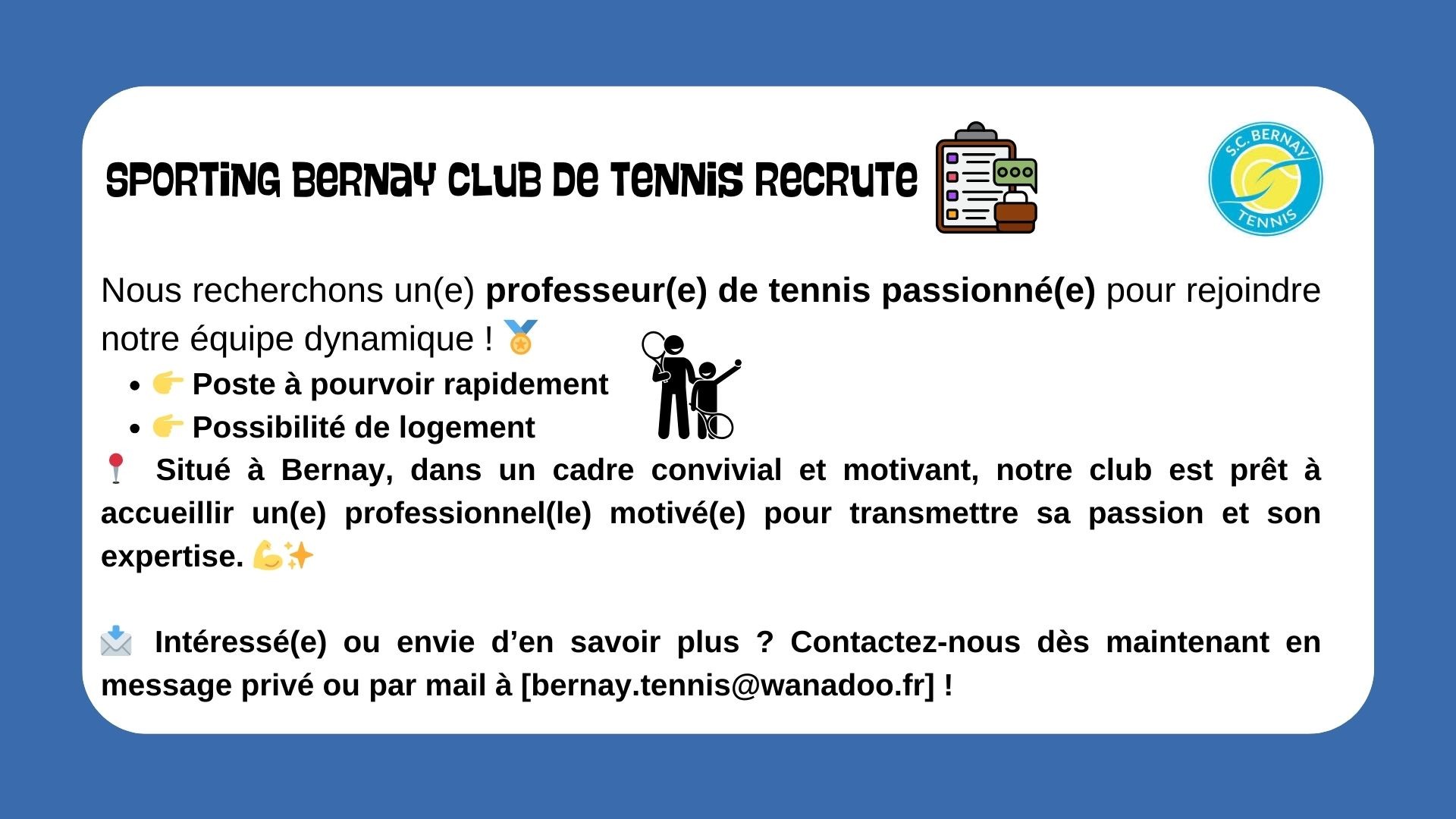 Post à pourvoir - professeur(e) de tennis